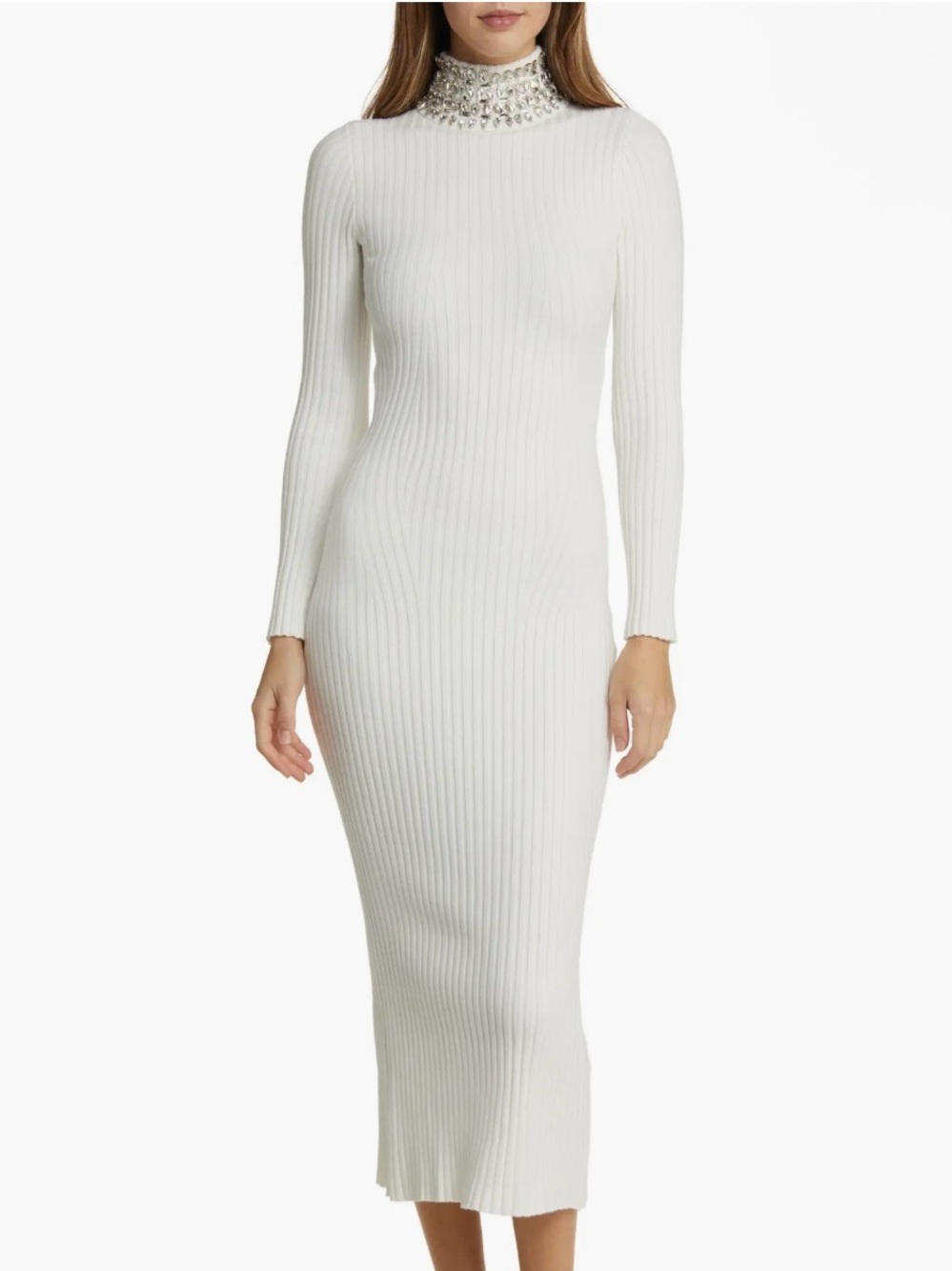 Bebe Rhinestone Embellished Ivory Ribbed Turtleneck Maxi Dress Small New
